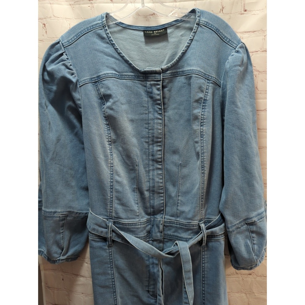 Lane Bryant blue jean romper 24S 24 short belted waist zip front wide leg 3/4slv - Picture 6 of 15